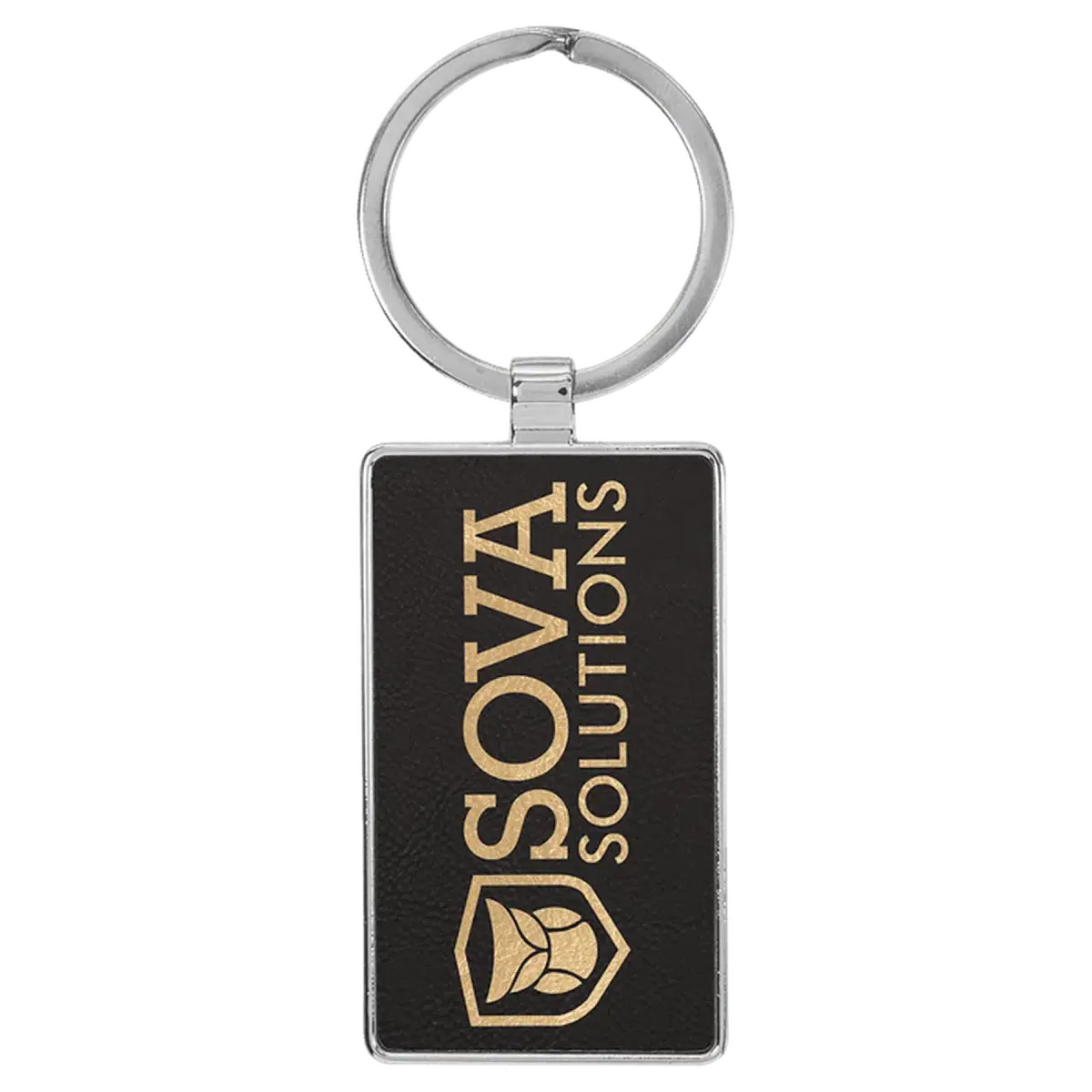 Personalized Leatherette and Cork Keychains - Oval, Rectangle, Round Black/Gold / Rectangle - Metal Frame / Leatherette