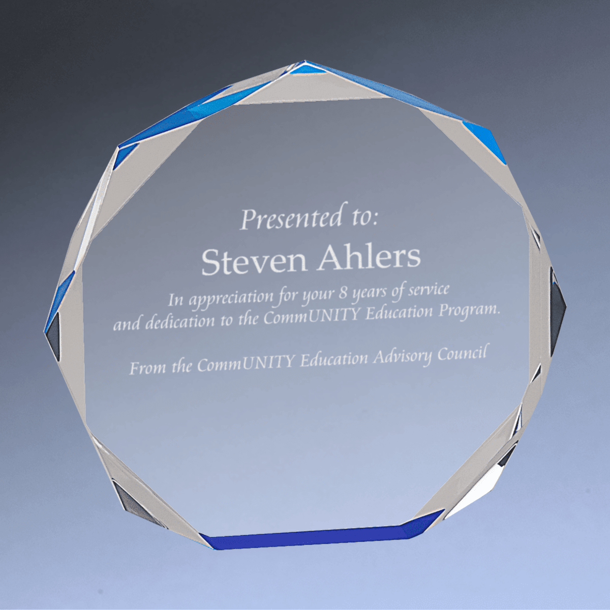Octagon Acrylic Award - Engraved for Desks & Display - Blue/Clear