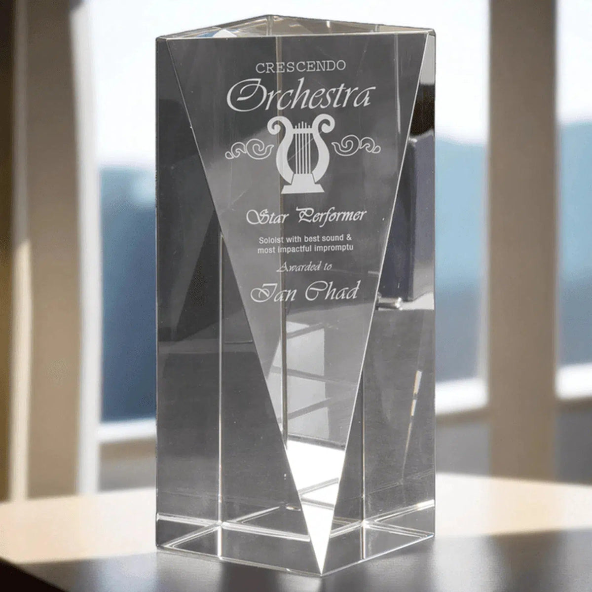 Crystal Triangle Pillar Award - Custom Engraved Gifts of Recognition 6"