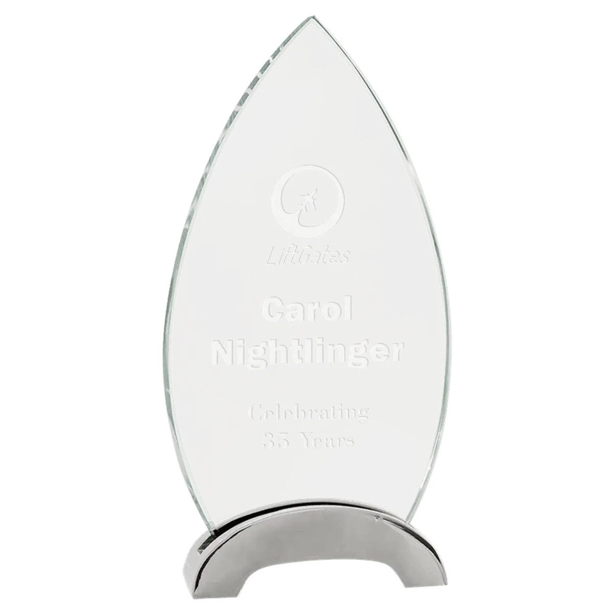 Platinum Glass Awards on Silver Aluminum Base – Custom Engraved Oval / Arch Metal / 7 1/2"