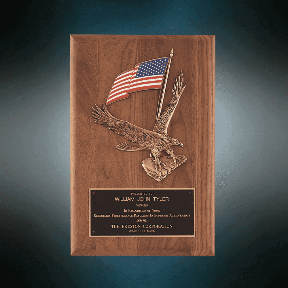 Patriotic American Walnut Plaques with Bronze Cast Accents - Detailed Eagle with American Flag Relief