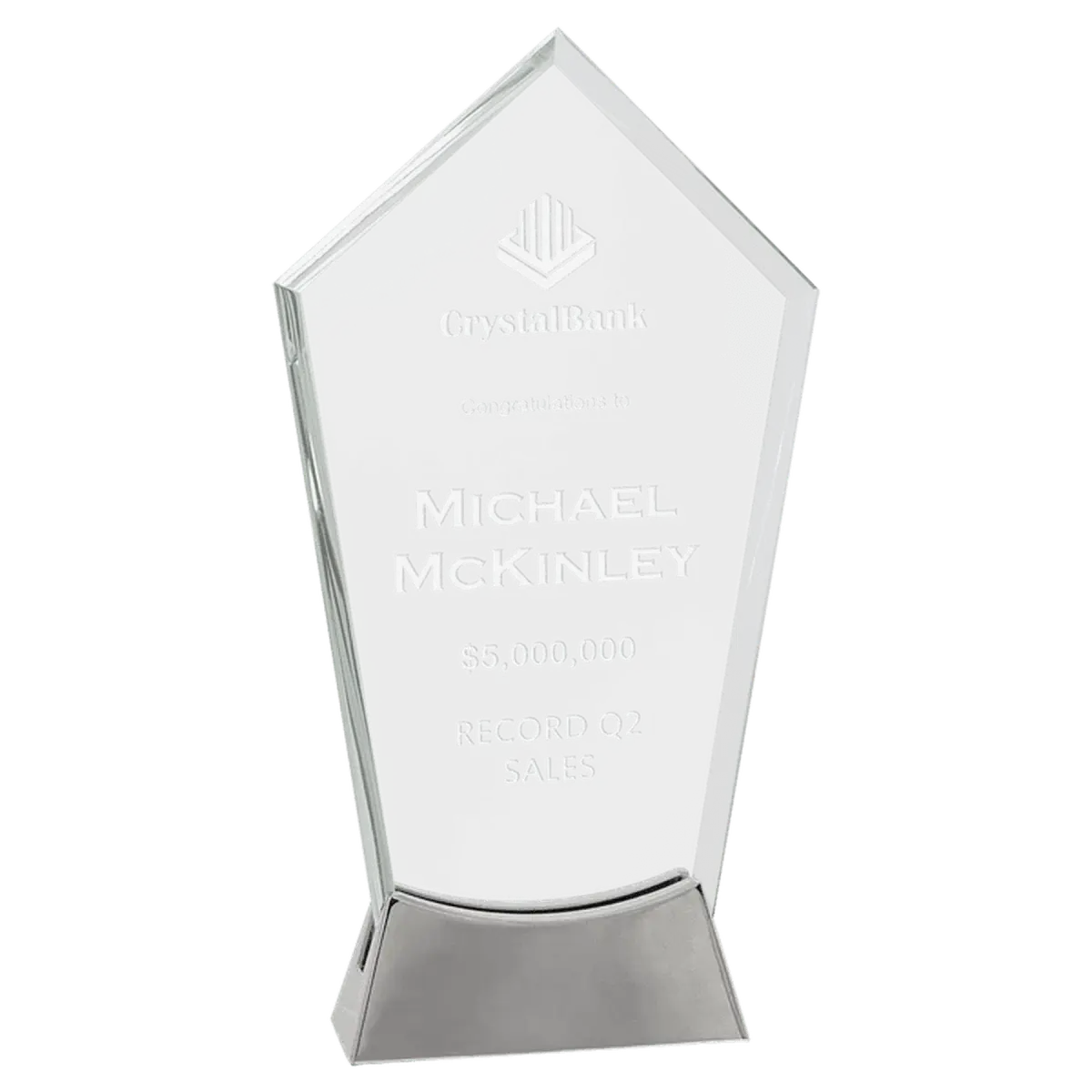 Platinum Glass Awards on Silver Aluminum Base – Custom Engraved Fan / Arch Metal / 7 1/2"