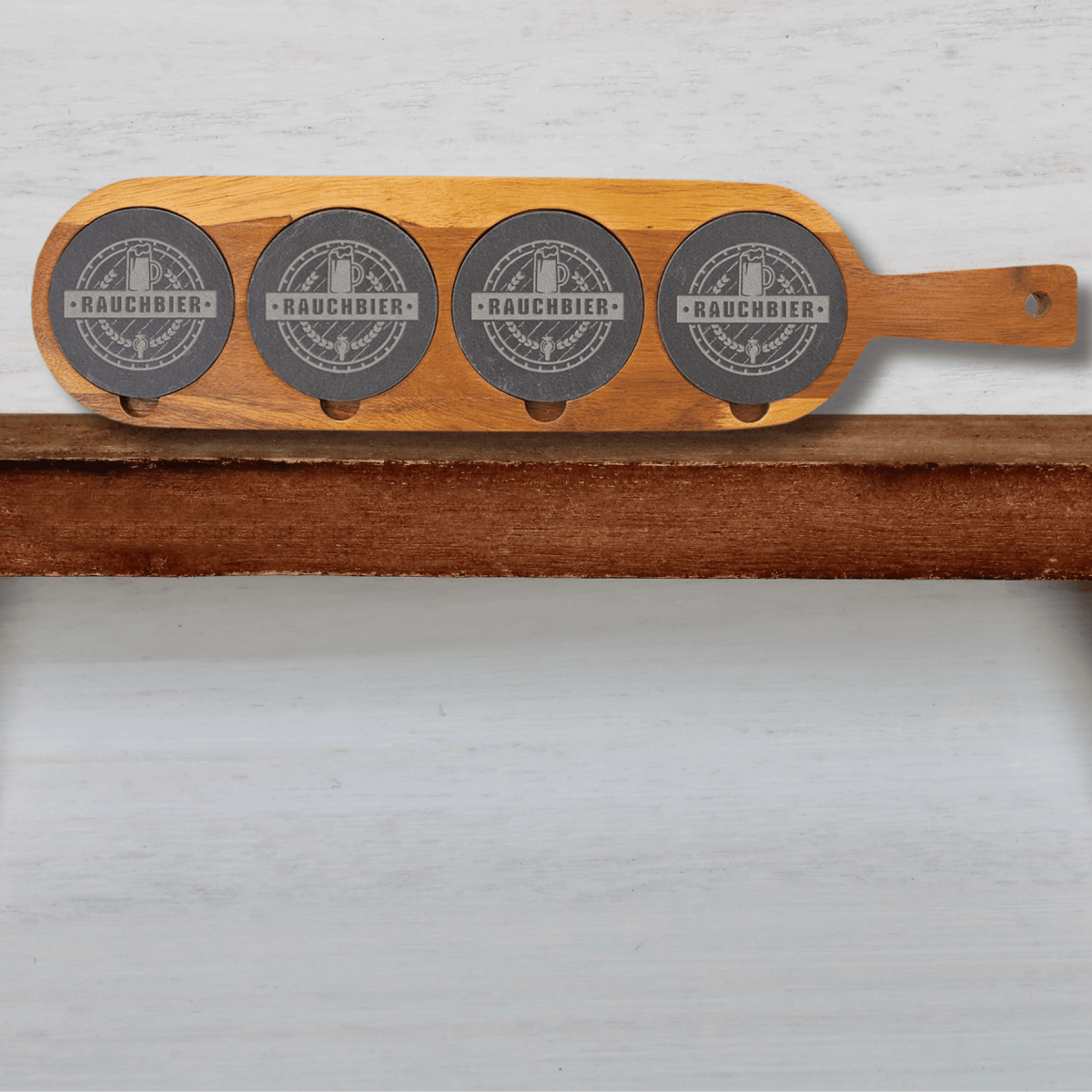 Personalized Acacia Wood Serving and Tasting Board with Slate Coasters - 18 1/2" x 4 1/4"