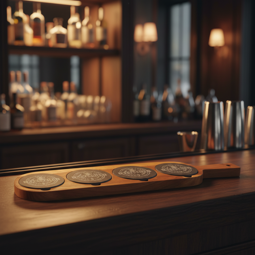Personalized Acacia Wood Serving and Tasting Board with Slate Coasters - 18 1/2" x 4 1/4"