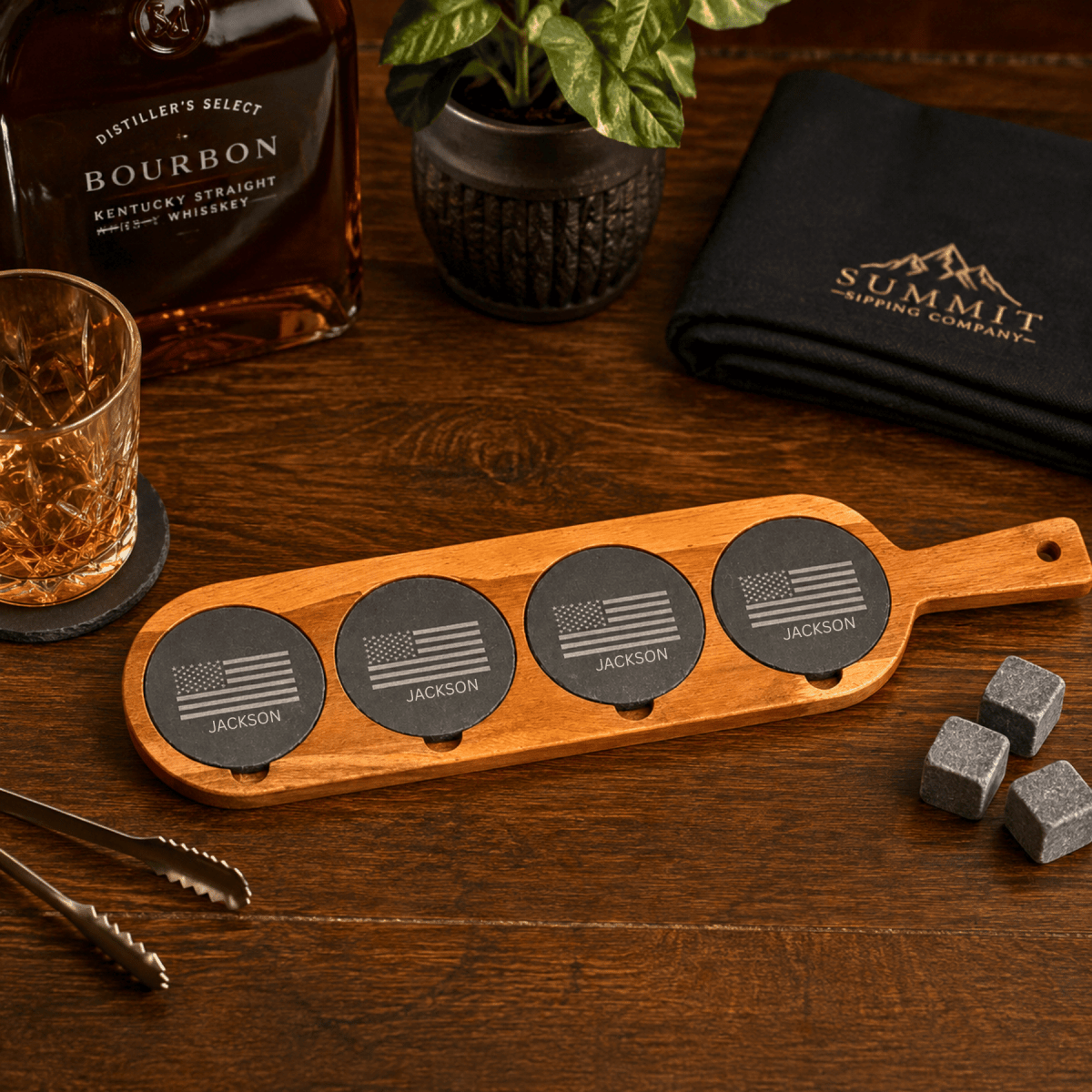Personalized Acacia Wood Tasting Board with Coasters - 18 1/2" x 4 1/4"