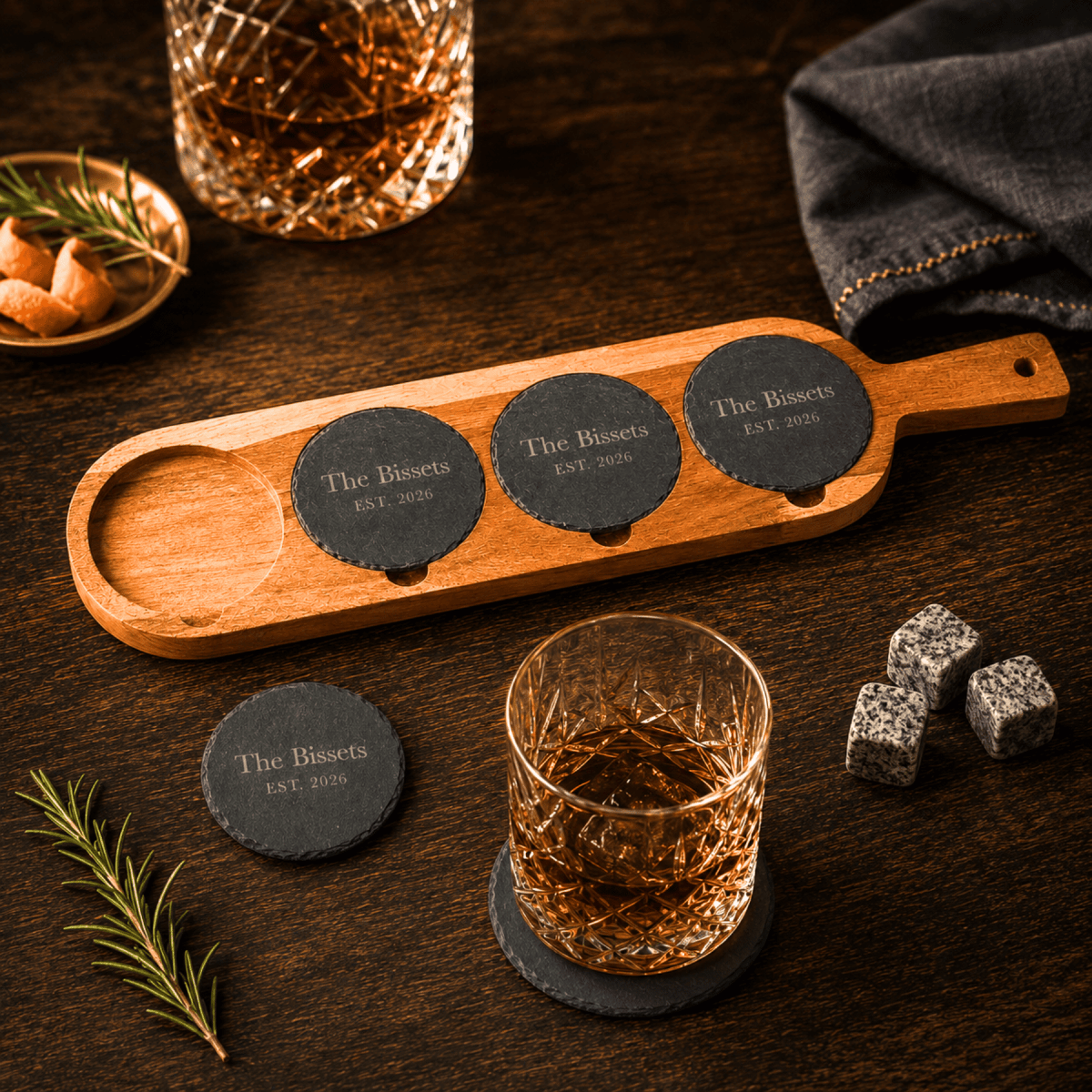 Personalized Acacia Wood Tasting Board with Coasters - 18 1/2" x 4 1/4"