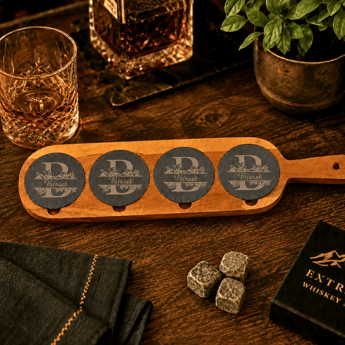 Personalized Acacia Wood Tasting Board with Coasters - 18 1/2" x 4 1/4"