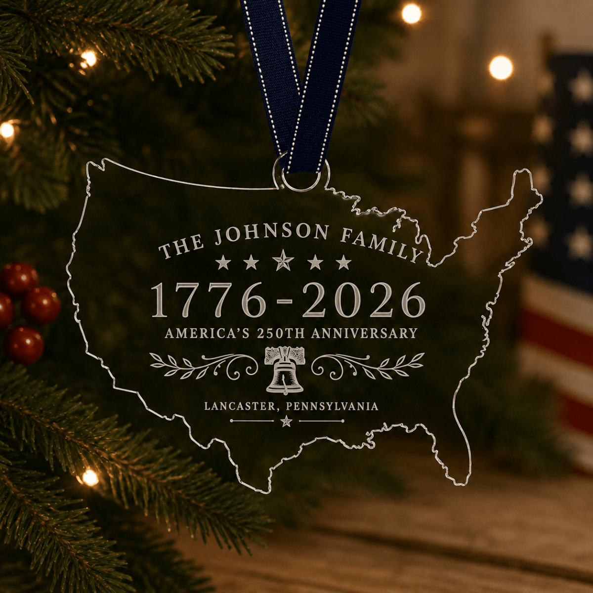 Personalized America 250 USA Map Acrylic Ornament - Americana Heritage