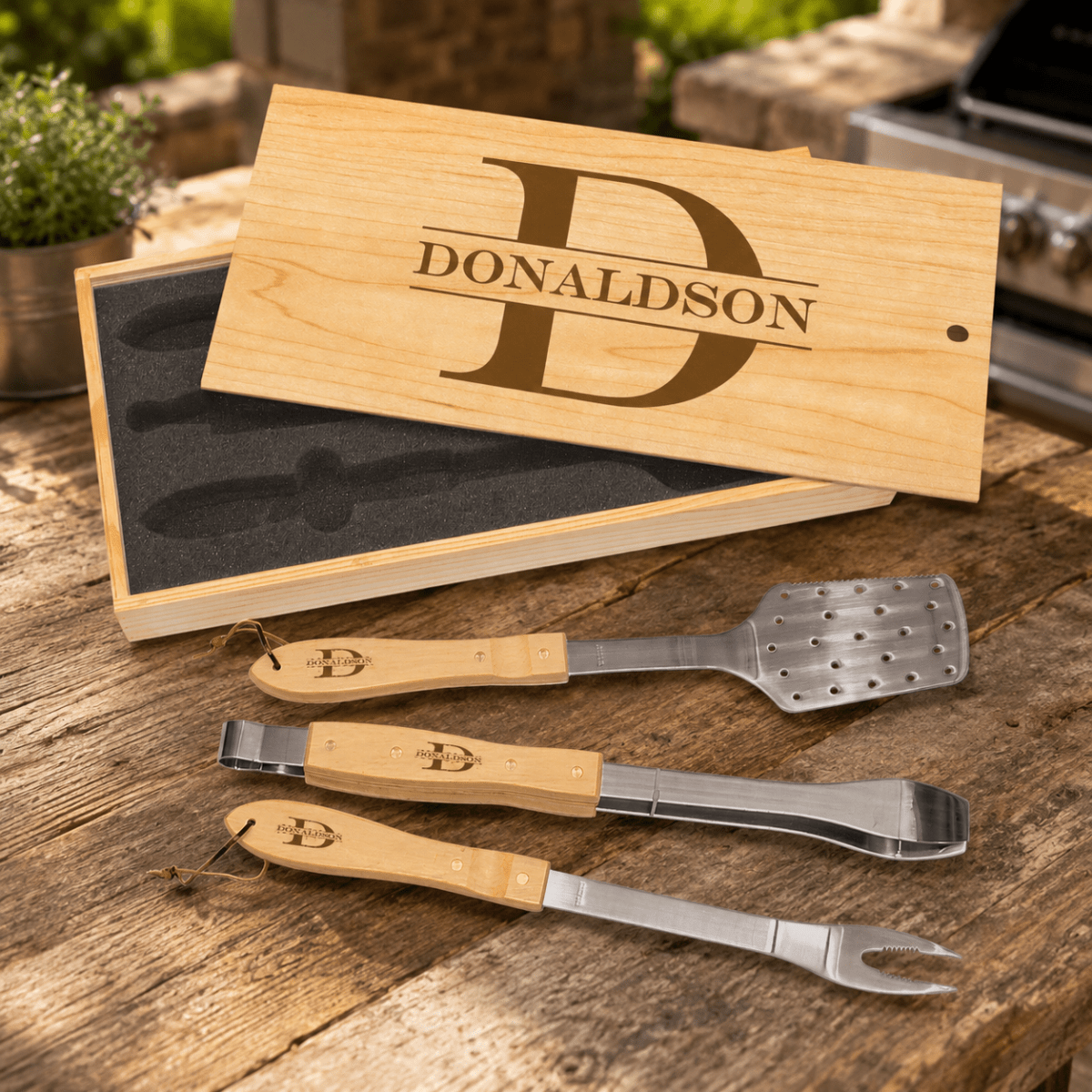 Personalized BBQ Tool Set in Engraved Wood Gift Box - 20"(L) x 9 5/8"(W) x 2 1/4"(H)