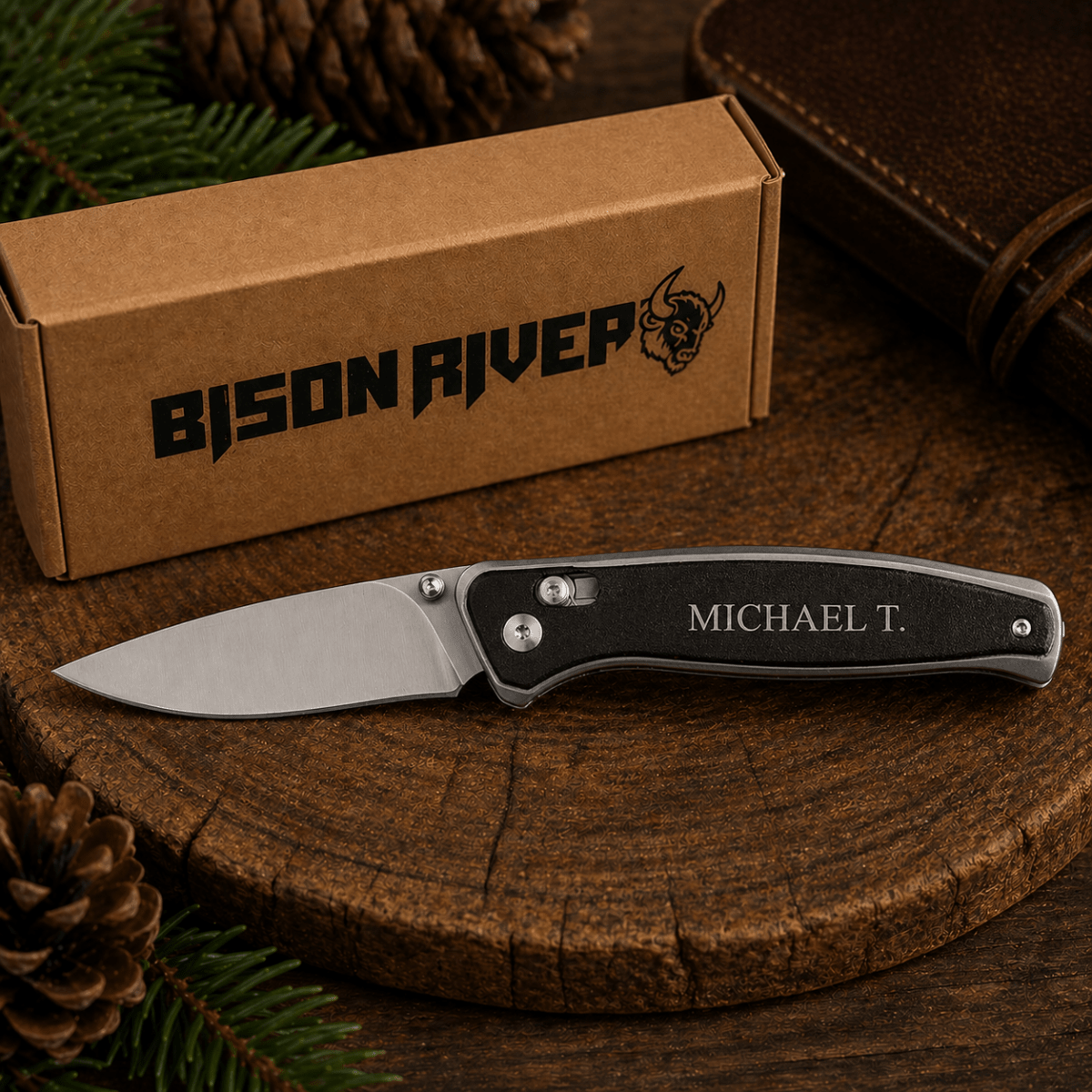 Personalized Bison River Folding Knife | Bone or Wood Handle - Button Lock and Clip