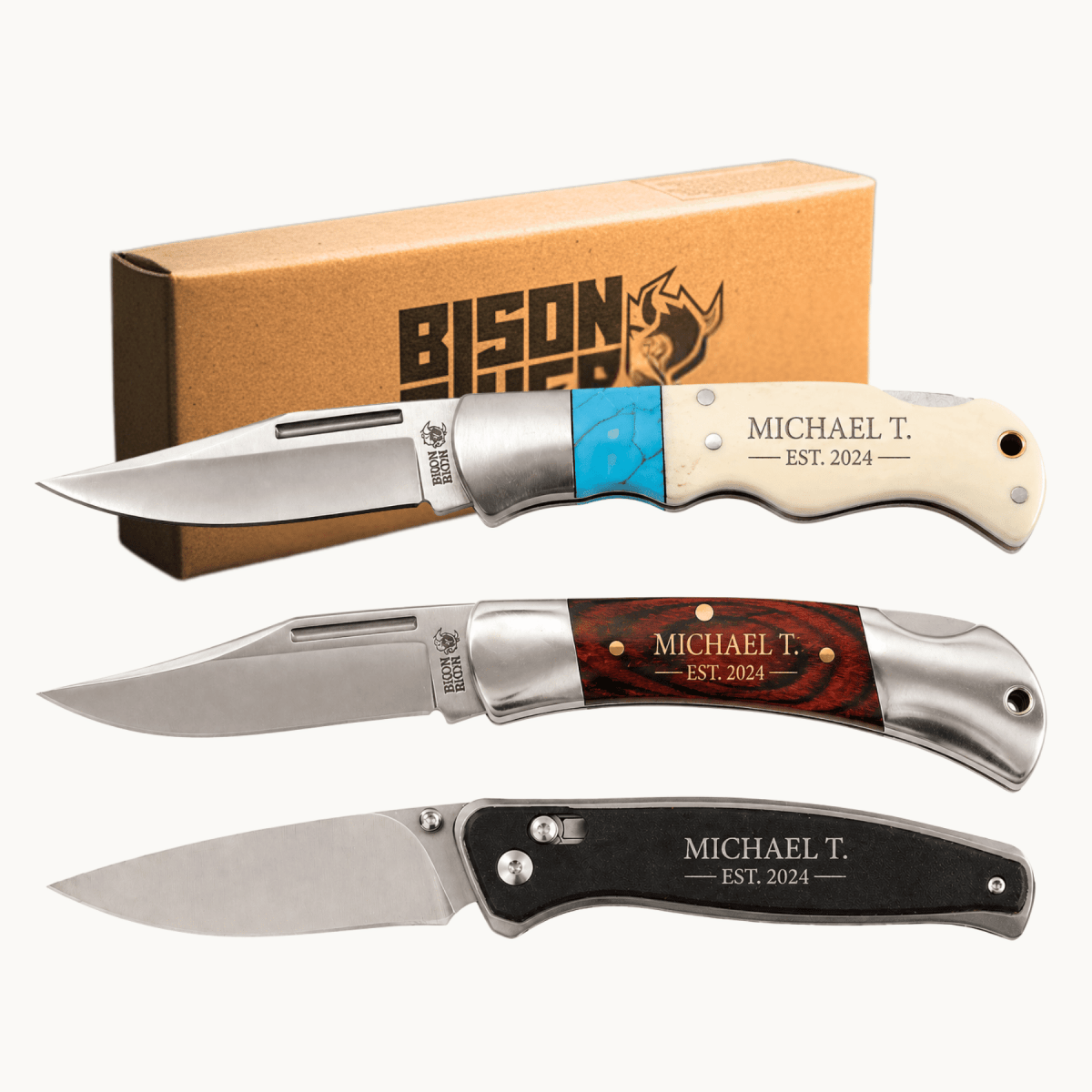 Personalized Bison River Folding Knife | Bone or Wood Handle - Lock Back Blade