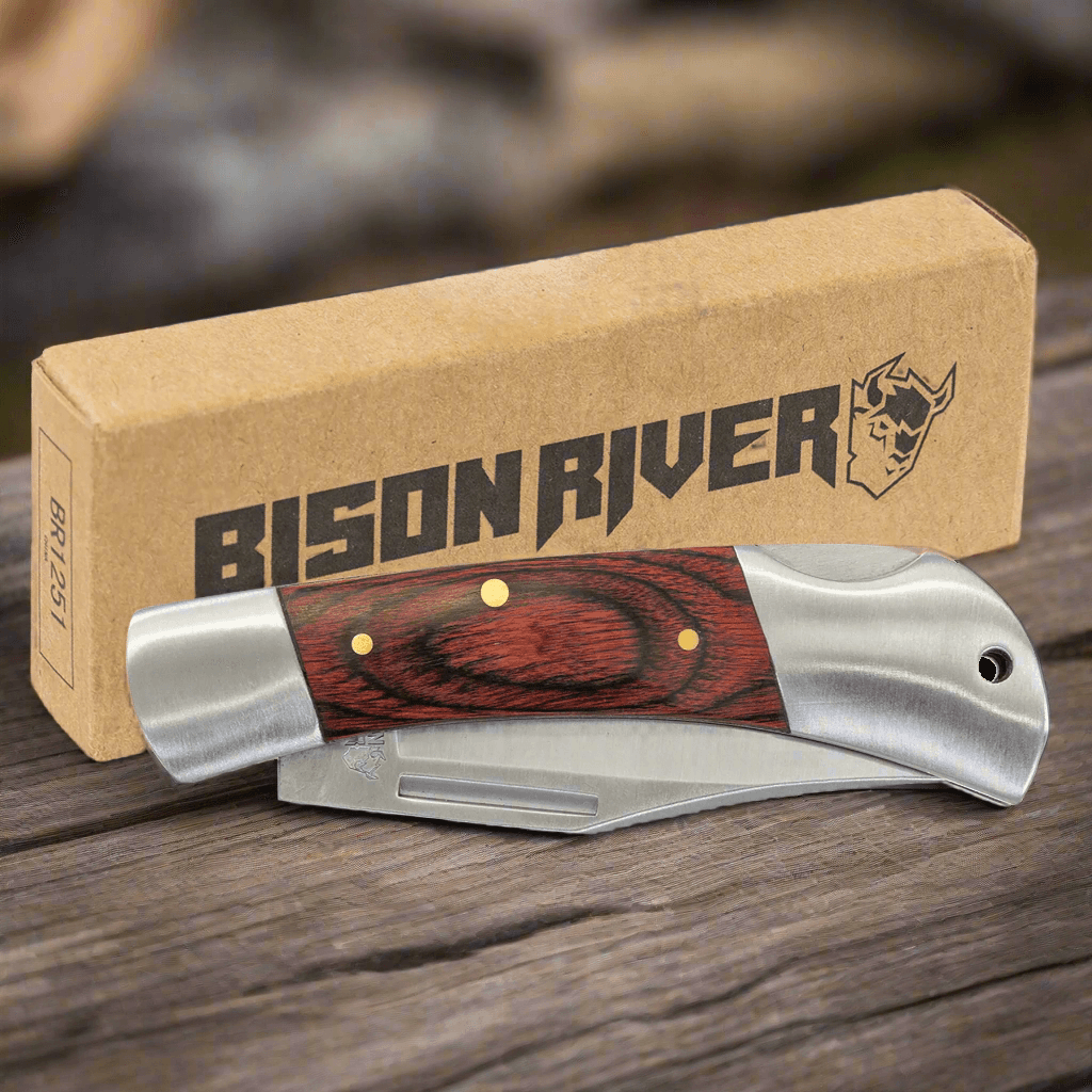 Personalized Bison River Folding Knife with Stainless Steel Blade - Lock Back Blade - Pakkawood Handle