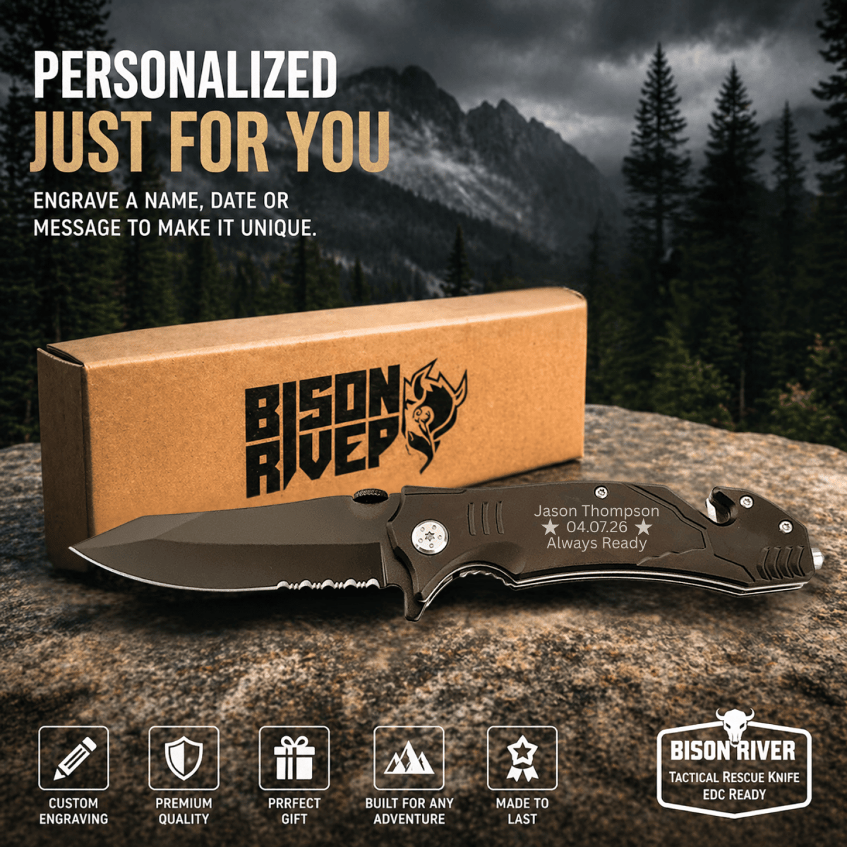 Personalized Bison River Rescue and Survival Knife - Anodized Aluminum