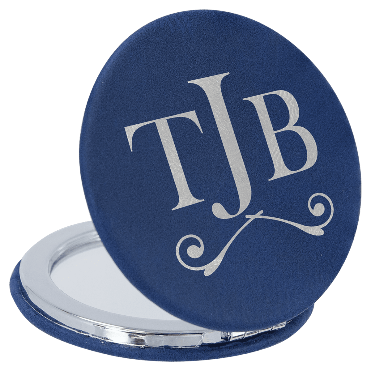 Personalized Compact Mirror With Magnifier in Leatherette Colors - Blue/Silver