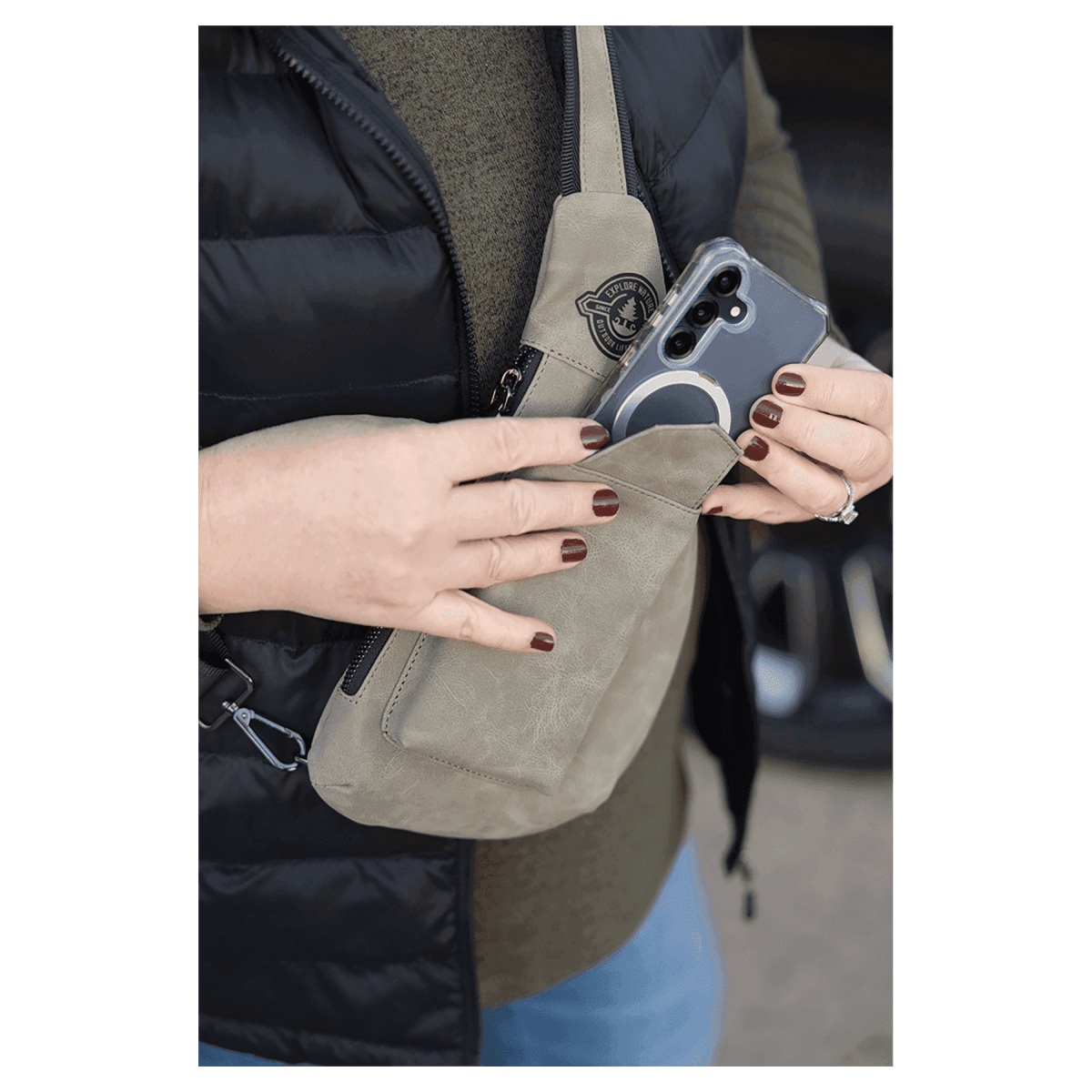 Custom Cross Body Sling Crescent Bag - Creekside Collection - Light Brown