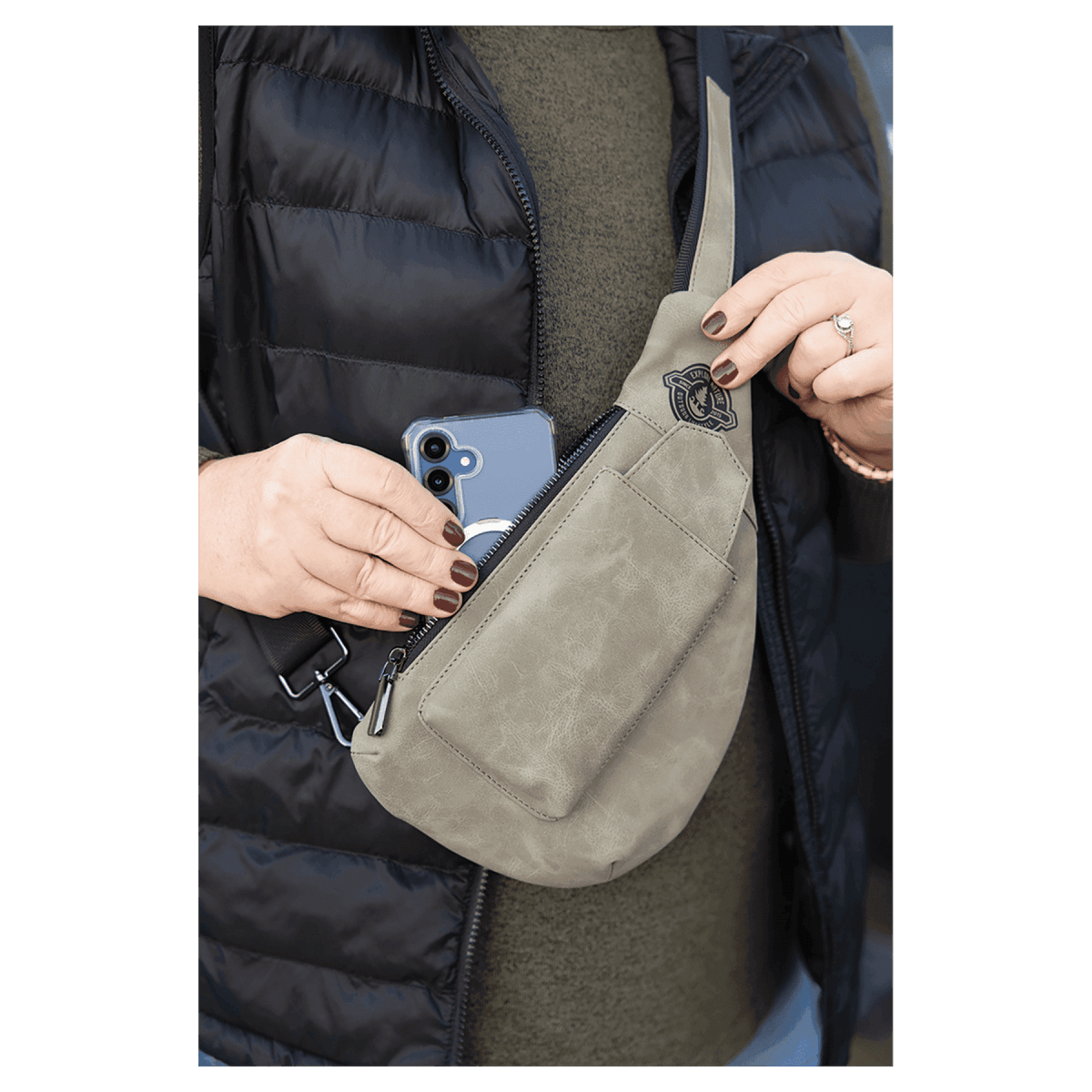 Custom Cross Body Sling Crescent Bag - Creekside Collection - Light Brown