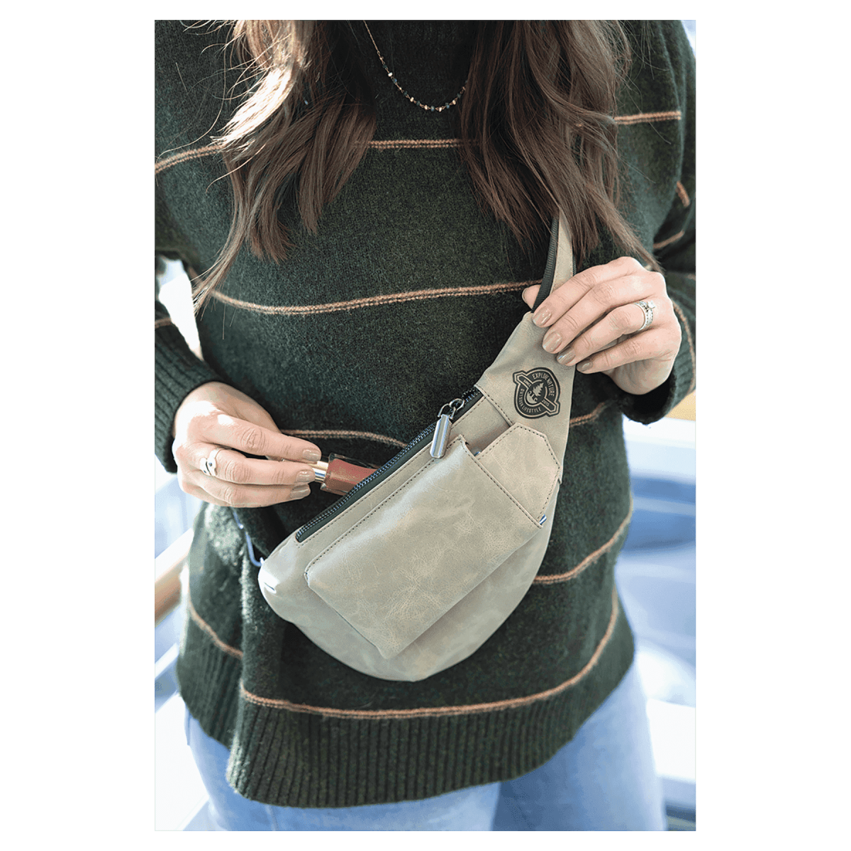 Custom Cross Body Sling Crescent Bag - Creekside Collection - Light Brown