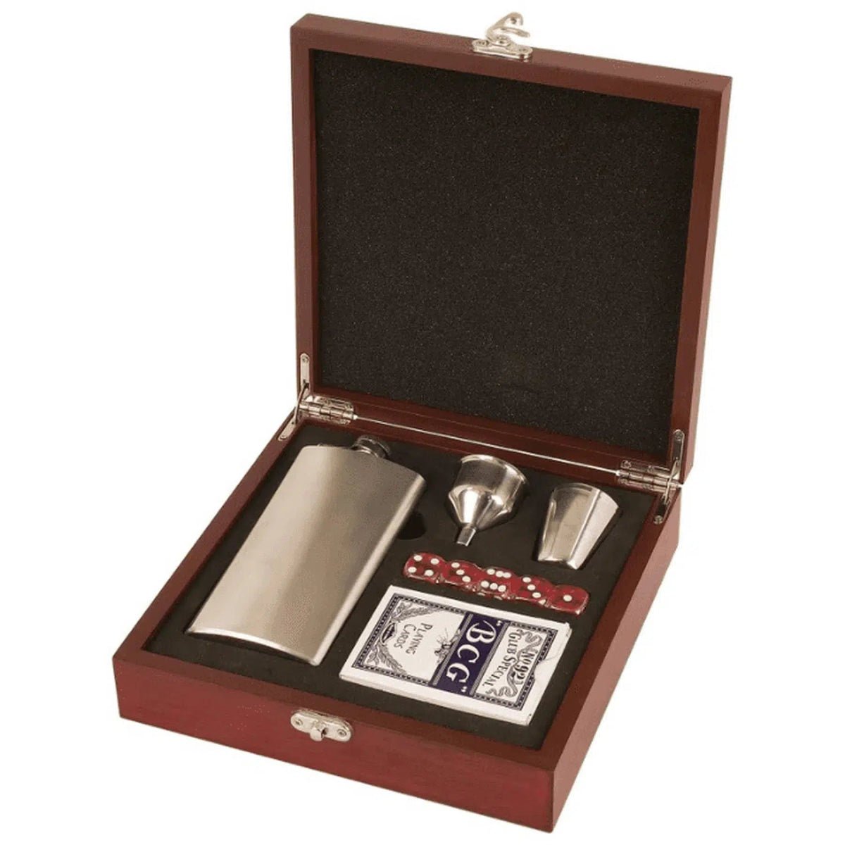 Personalized Flask, Card and Dice Gift Set – With Rosewood Box - 8 1/4" (W) x 2 3/8" (H)