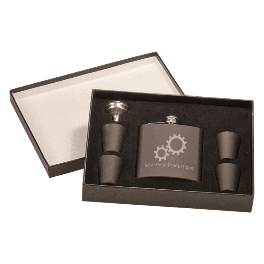 Personalized Flask Gift Sets – Custom Engraved with Funnel & Shot Glasses - Black Presentation Box
