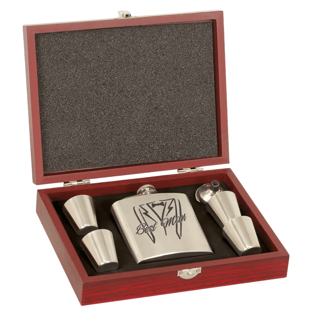 Personalized Flask Gift Sets – Custom Engraved with Funnel & Shot Glasses - Rosewood Finish Wood Box