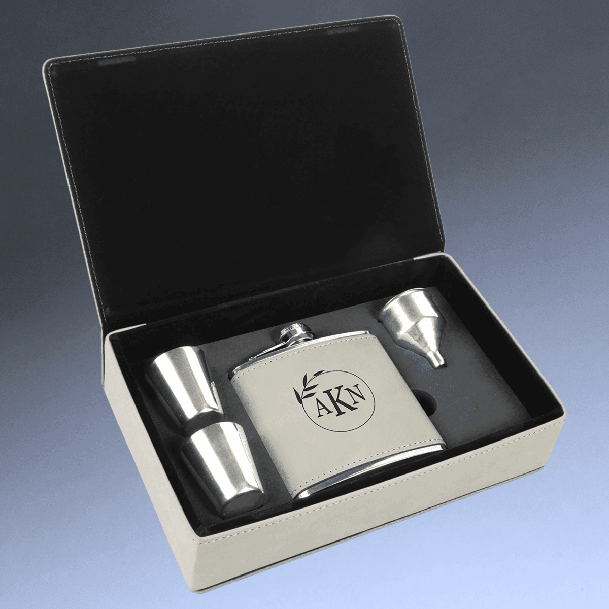 Personalized Flask Gift Sets – Custom Engraved with Funnel & Shot Glasses - Black Presentation Box