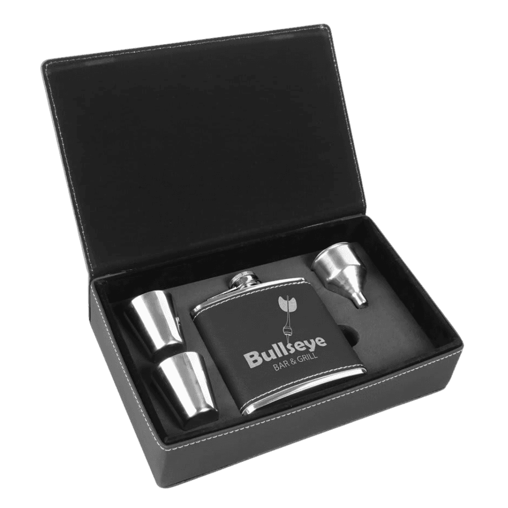 Personalized Flask Gift Sets – Custom Engraved with Funnel & Shot Glasses - Leatherette Box