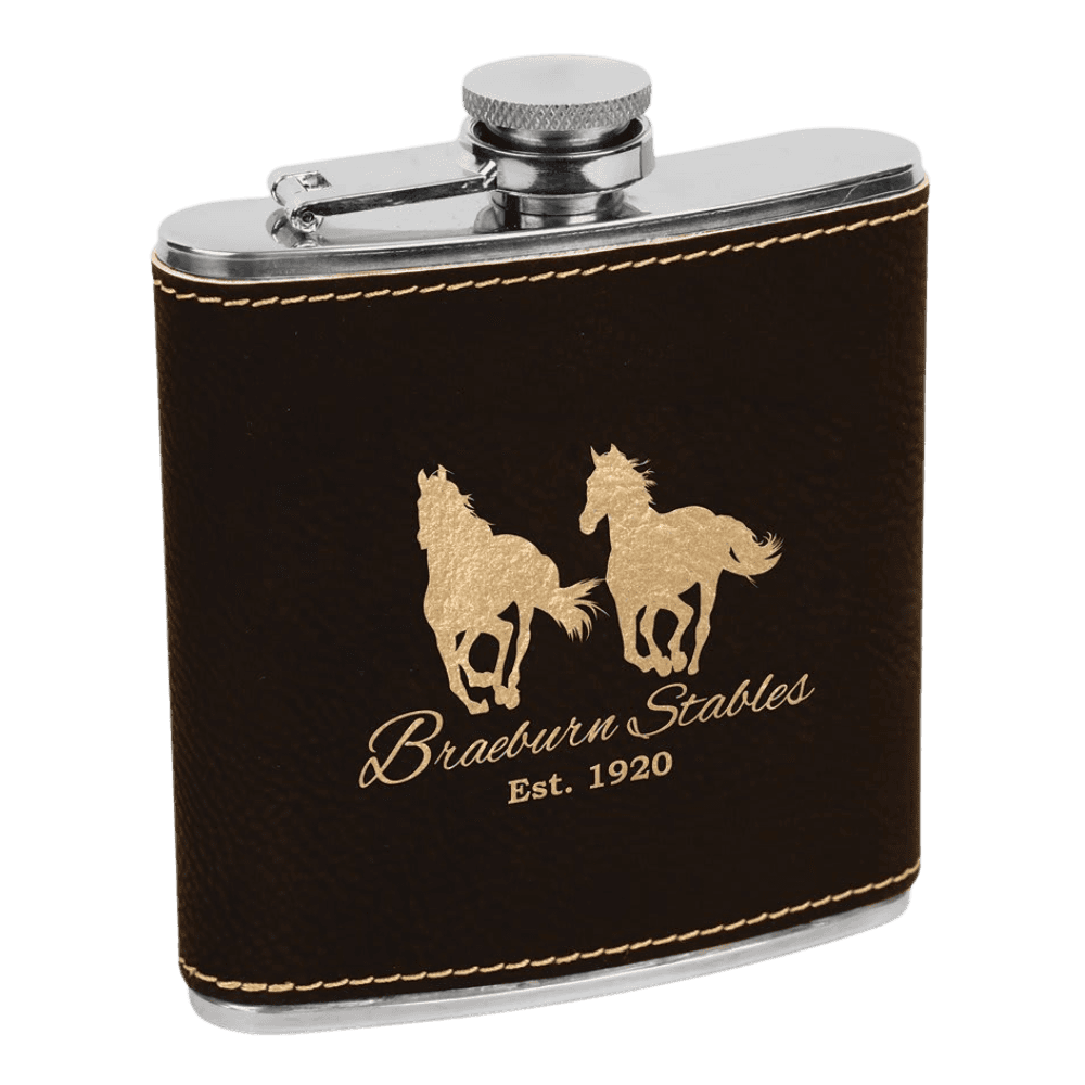Personalized Flasks – 6 oz. Stainless with Leatherette & Cork Wraps - Leatherette