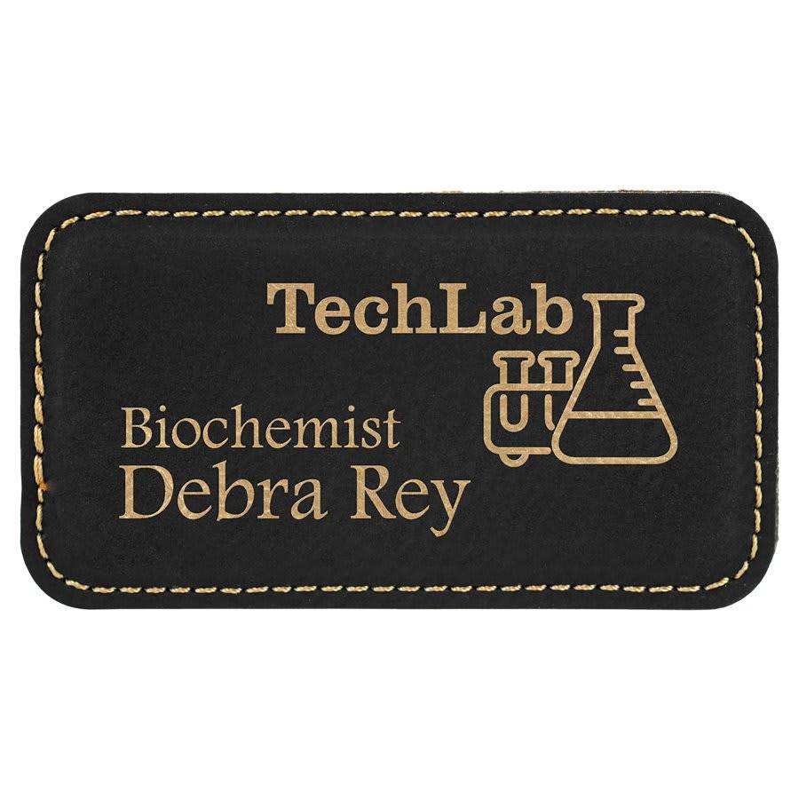 Personalized Magnetic Name Badges in Leatherette Colors Rounded Corners / 3 1/2" x 1 1/2" / Black/Gold
