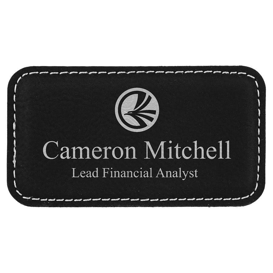 Personalized Magnetic Name Badges in Leatherette Colors Rounded Corners / 3 1/2" x 1 1/2" / Black/Silver