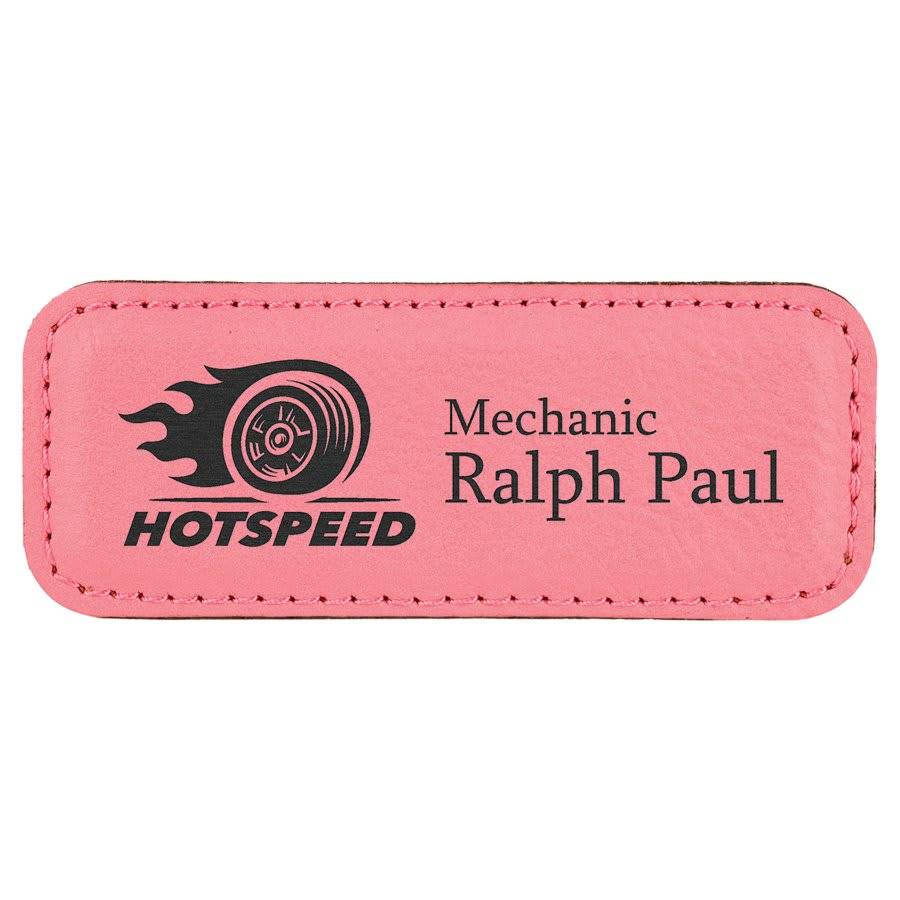 Personalized Magnetic Name Badges in Leatherette Colors Rounded Corners / 3" x 1" / Pink/Black