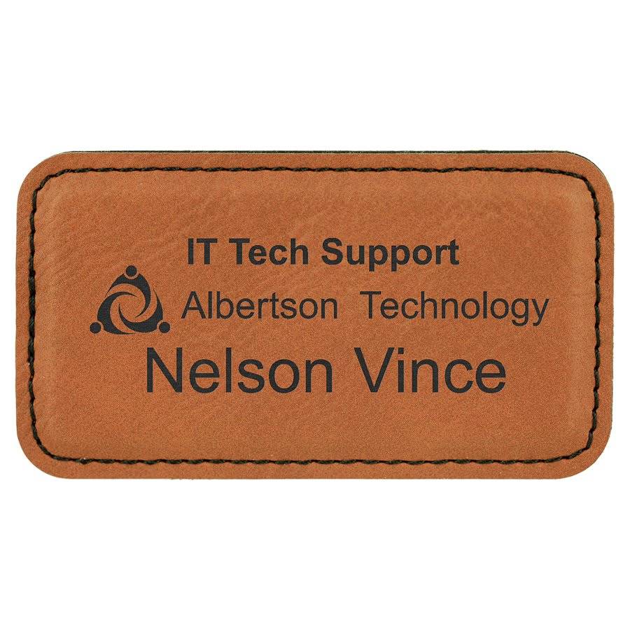 Personalized Magnetic Name Badges in Leatherette Colors Rounded Corners / 3 1/2" x 1 1/2" / Rawhide/Black