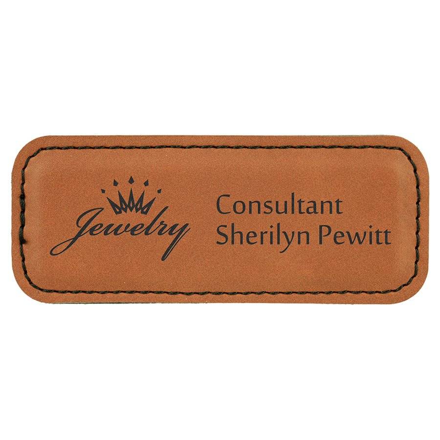 Personalized Magnetic Name Badges in Leatherette Colors Rounded Corners / 3" x 1" / Rawhide/Black