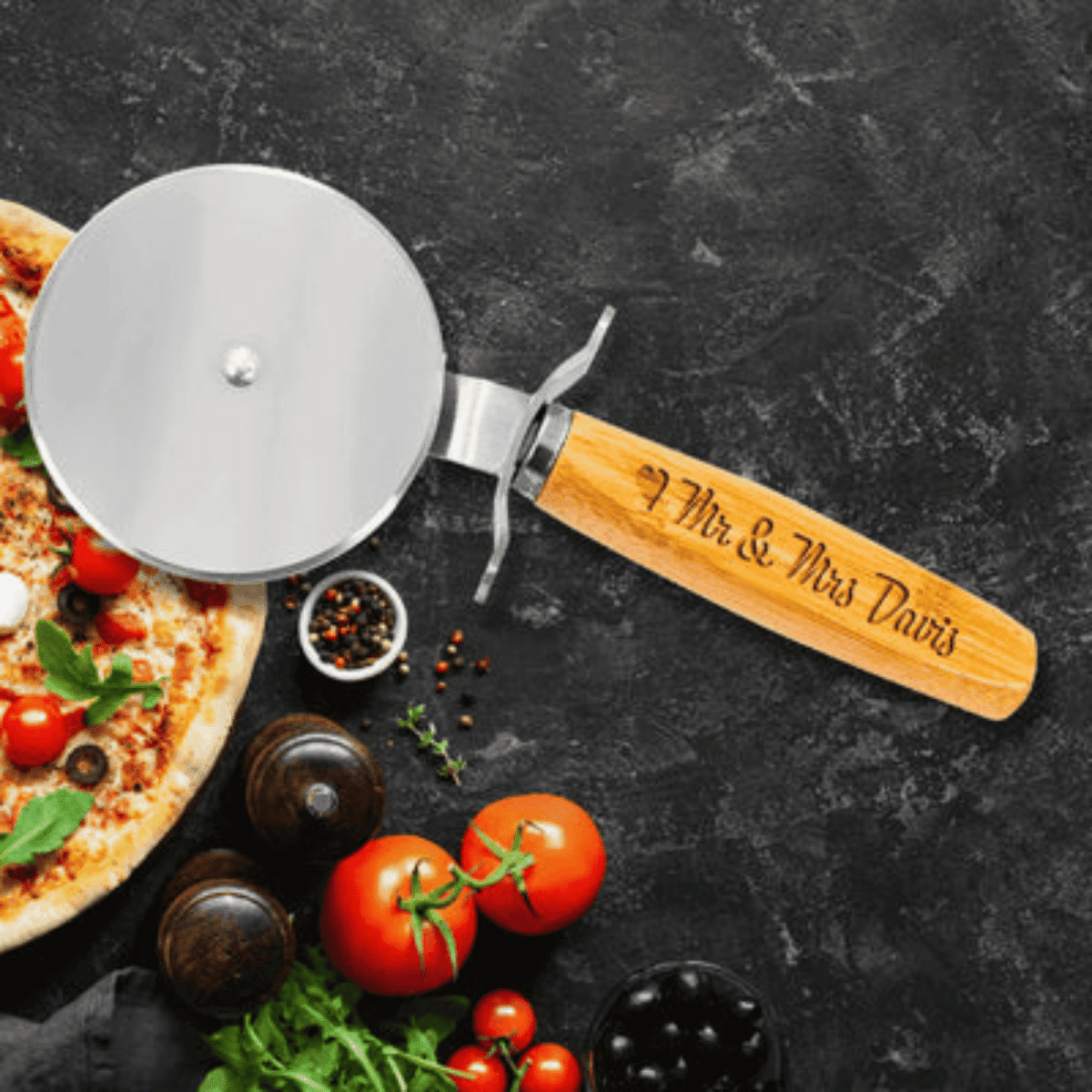 Personalized Pizza Cutter - Bamboo Gifts for Chefs and Restaurants - 9 1/4" (L) x 3 1/2"