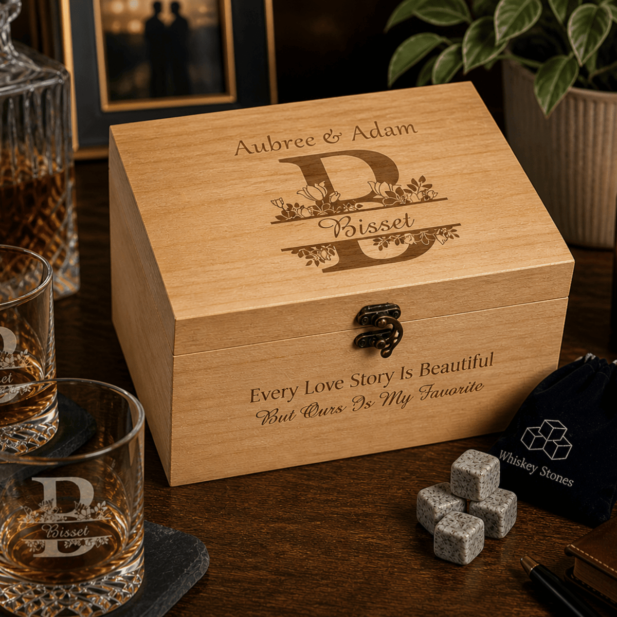 Personalized Red Alder Whiskey Gift Set with Glasses, Coasters & Whiskey Stones -