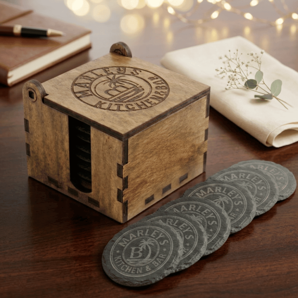 Personalized Slate Coaster Gift Set with Wood Storage Box - Round