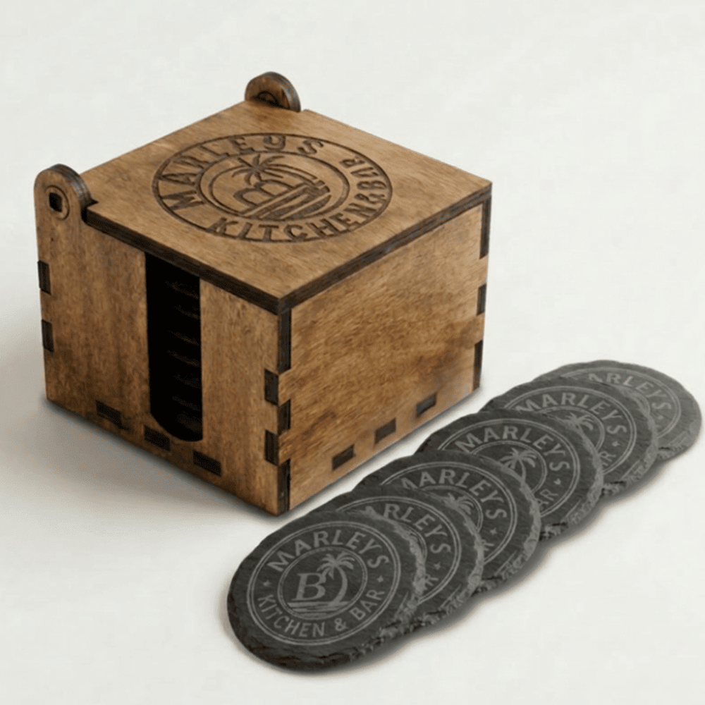Personalized Slate Coaster Gift Set with Wood Storage Box - Round