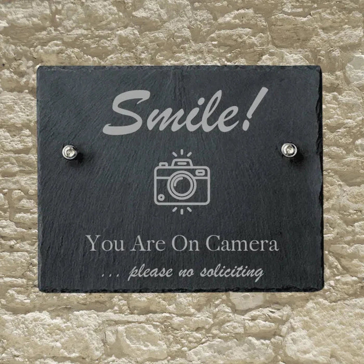 Personalized Slate Informational Signs with Bolts Smile! Surveillance Notice / 8" x 10"