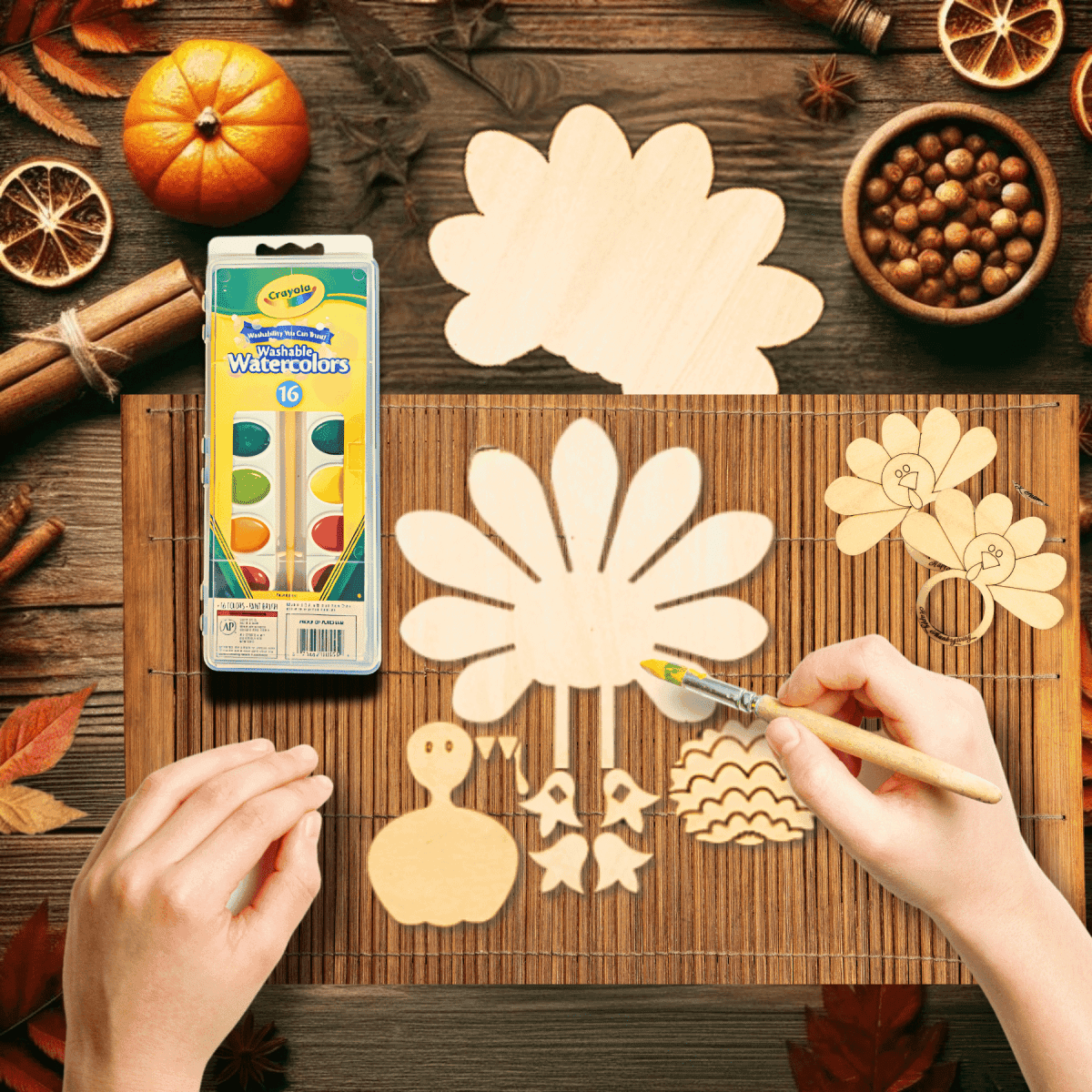 Personalized Standing Turkey Table Decor - Thanksgiving Craft Kit 11 Piece Craft Kit with 2 Turkey Feathers Napkin Rings - Add Names for Engraving - $19.99