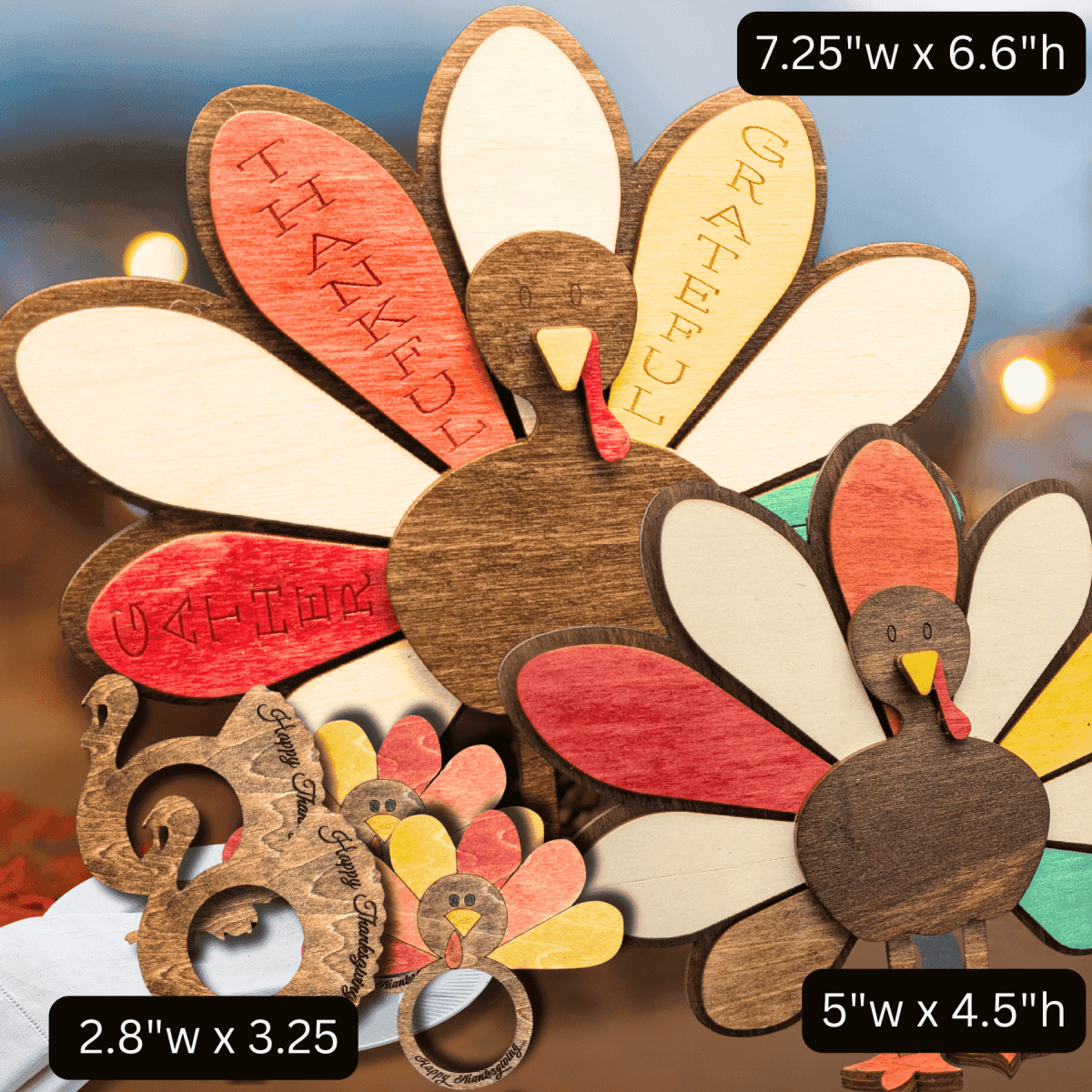 Personalized Standing Turkey Table Decor - Thanksgiving Craft Kit 11 Piece Craft Kit with 2 Classic Turkey Napkin Rings - Add Names for Engraving - $19.99
