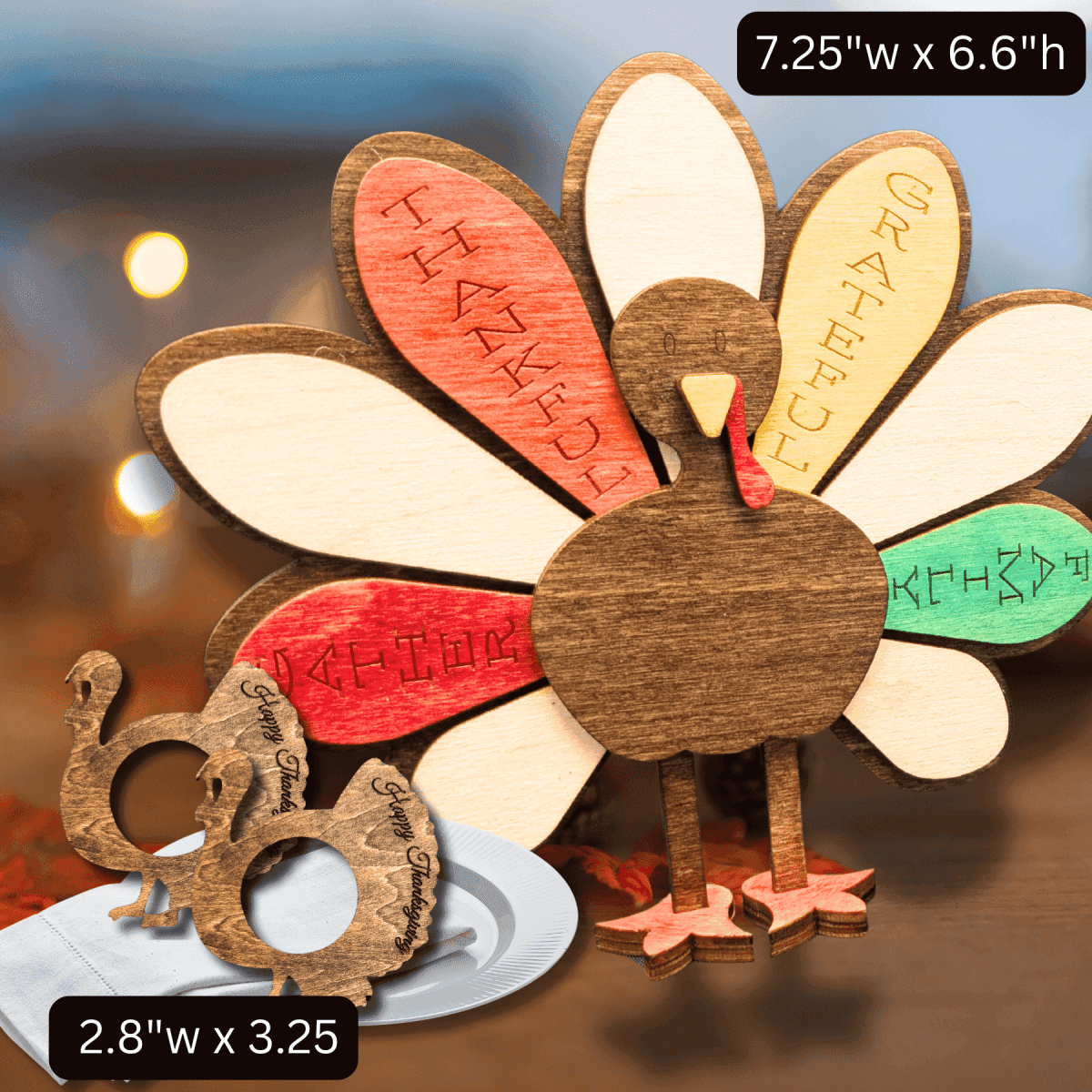 Personalized Standing Turkey Table Decor - Thanksgiving Craft Kit 11 Piece Craft Kit with 2 Classic Turkey Napkin Rings - Add Names for Engraving - $19.99