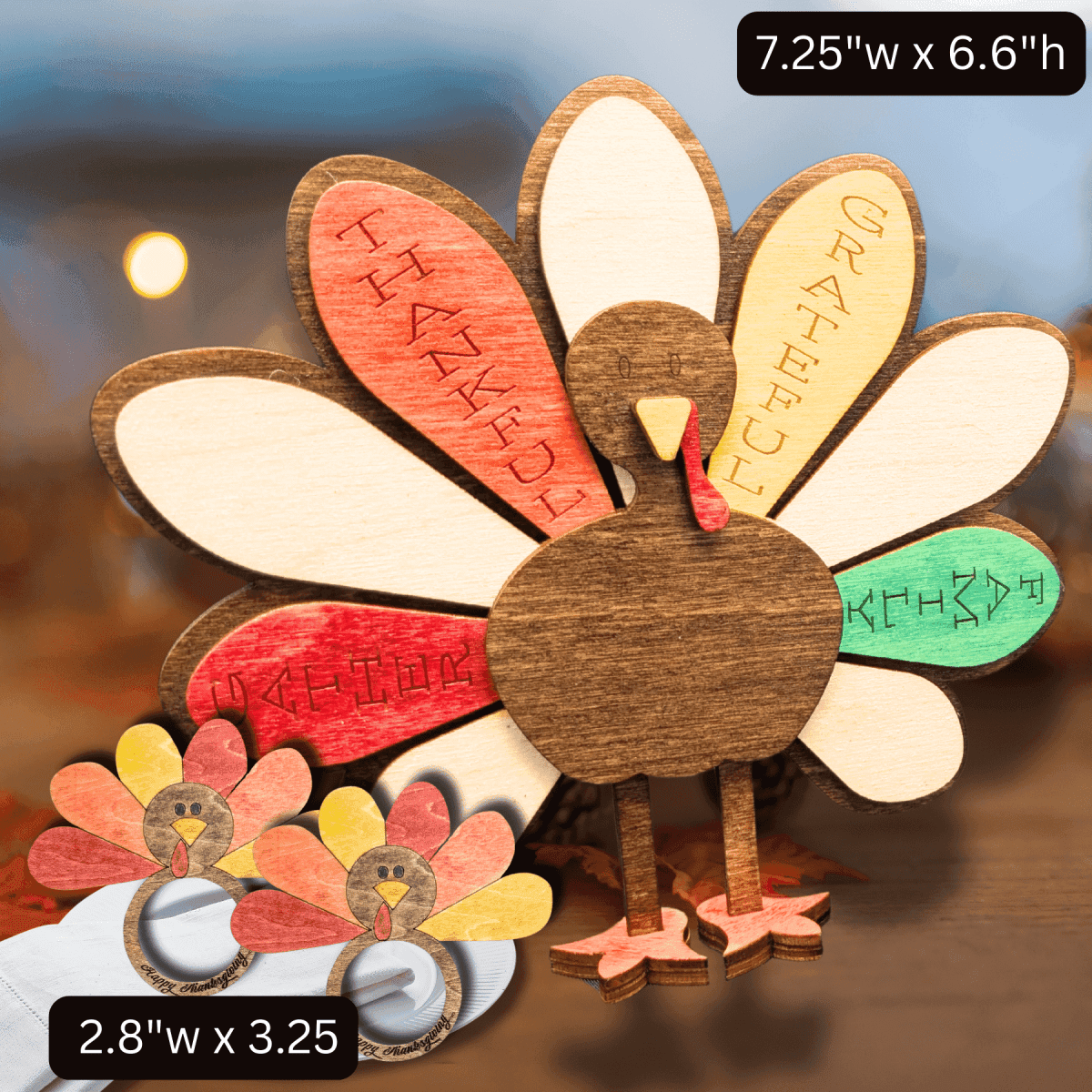 Personalized Standing Turkey Table Decor - Thanksgiving Craft Kit Assembled 3 Piece Centerpiece Set - With 2 Turkey Feathers Napkin Rings - Add Names for Engraving - 24.99