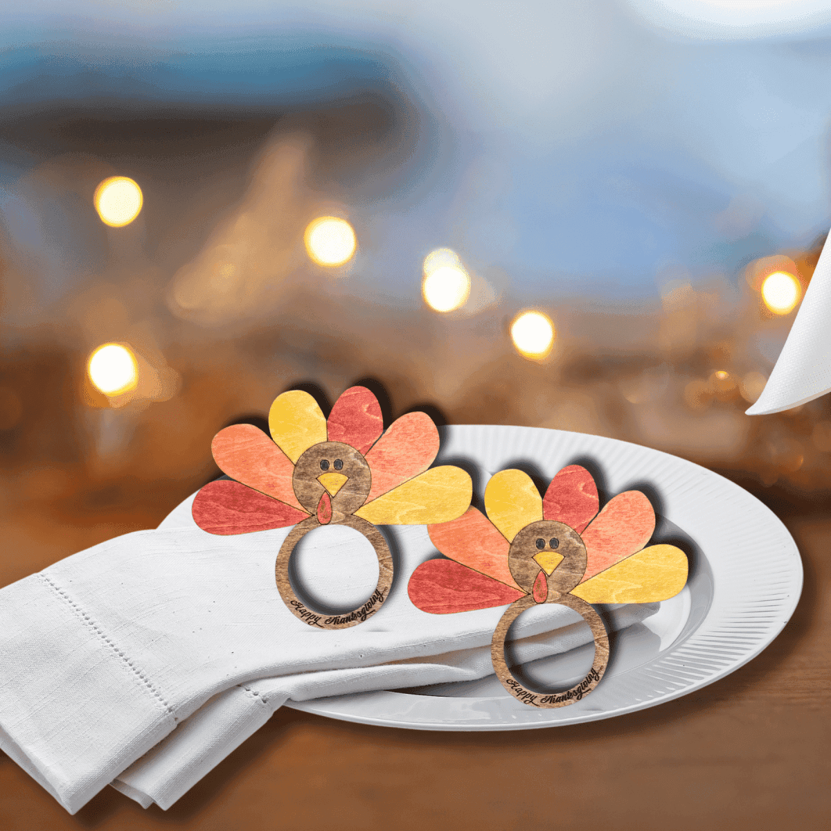 Personalized Standing Turkey Table Decor - Thanksgiving Craft Kit 2 Turkey Feathers Napkin Rings - Handpainted - Engraved with Happy Thanksgiving = $9.99