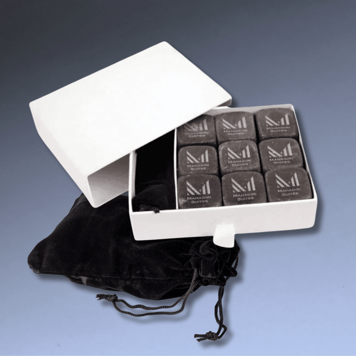 Personalized Whiskey Stone Gift Set - Basalt Stones & Velvet Pouch -