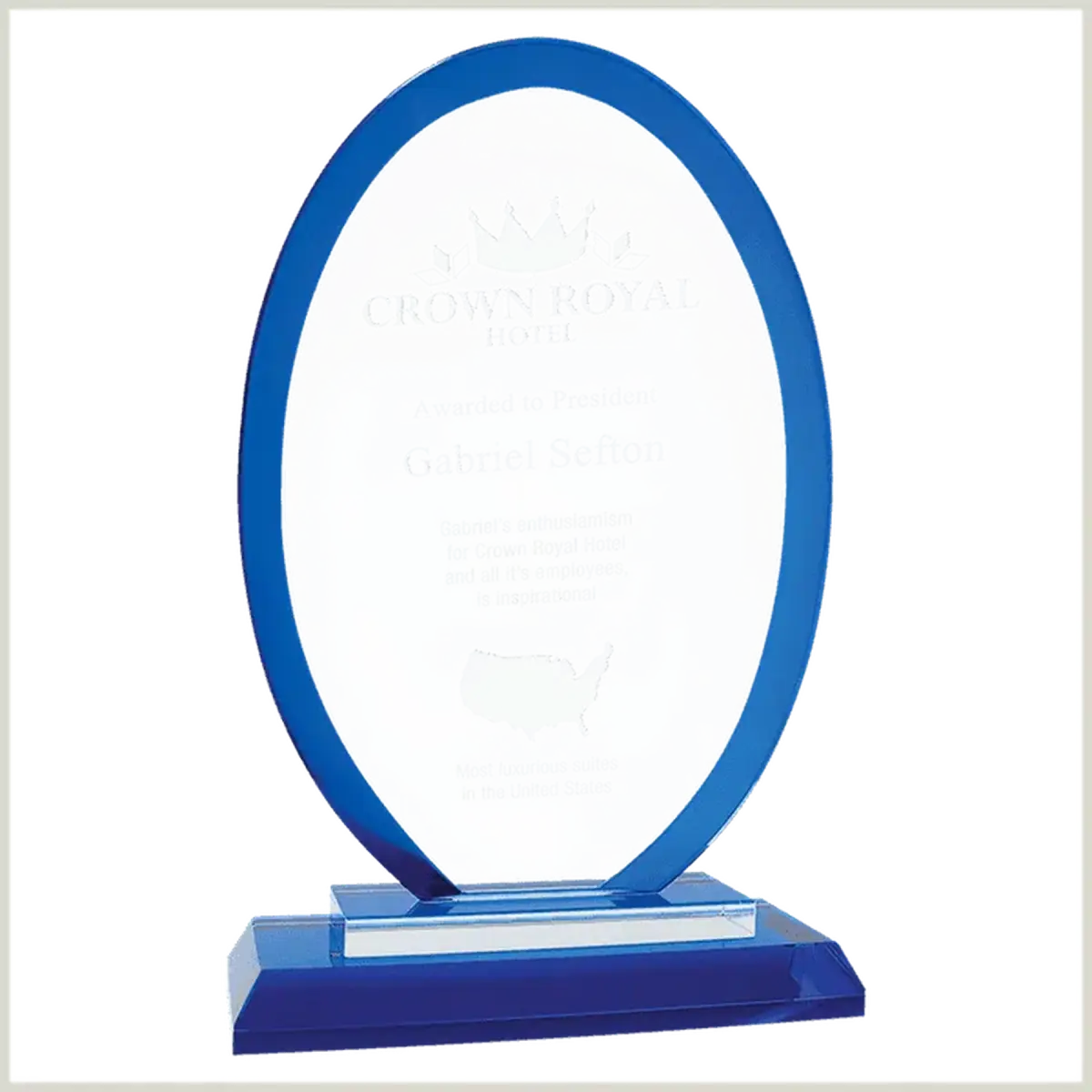 Premier Regal Glass Awards - Custom Engraved Award Recognition Oval / Blue / 7 1/2"