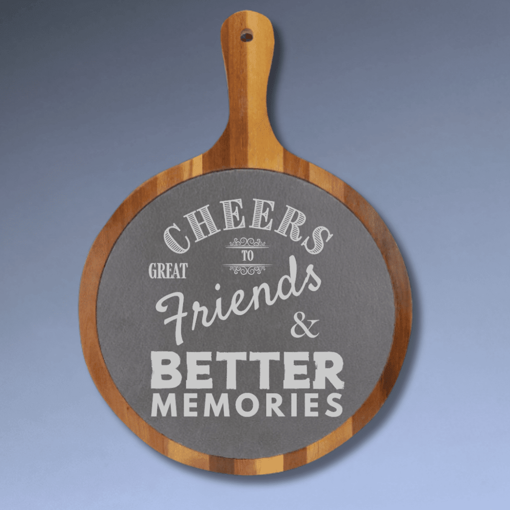 Round Acacia Wood and Slate Cutting Board Bar Sign - Cheers to Great Friends - 8 1/4" x 12 1/4"