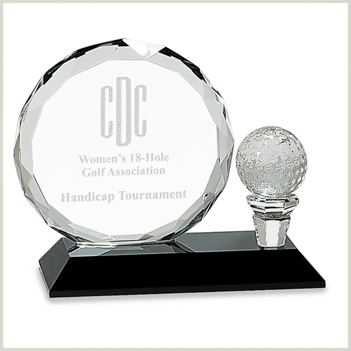 Crystal Golf Awards – Premium Recognition Trophies Crystal Oblong with Inset Golf Ball / 5 1/2"(W) x 6"(H) / Black