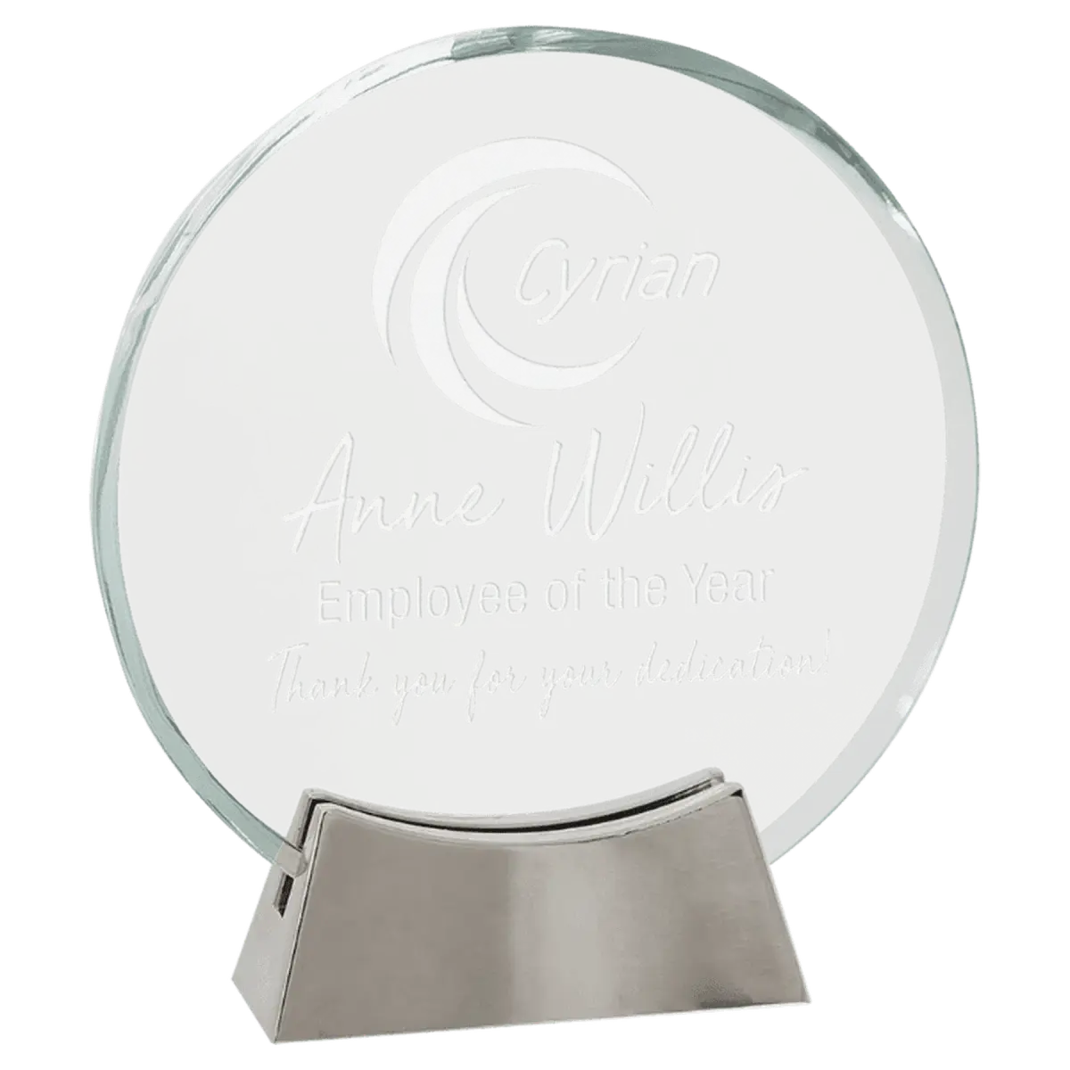 Platinum Glass Awards on Silver Aluminum Base – Custom Engraved Round / Full Metal / 6 1/4"
