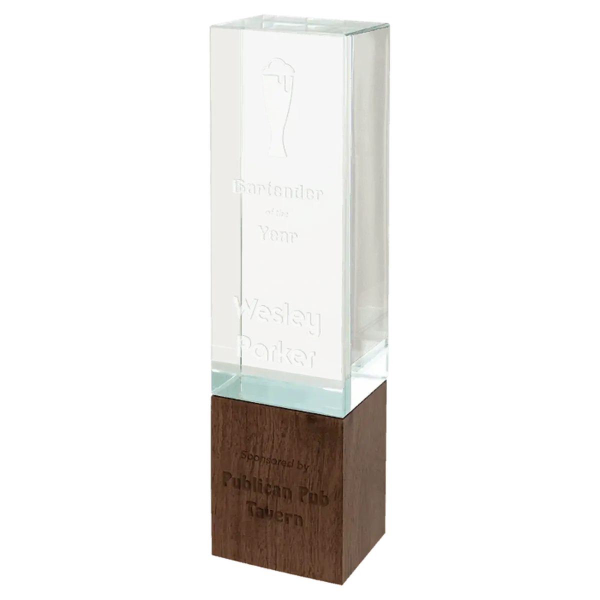 Sierra Glass Awards with Walnut Base – Contemporary Display of Recognition Rectangle / 9"