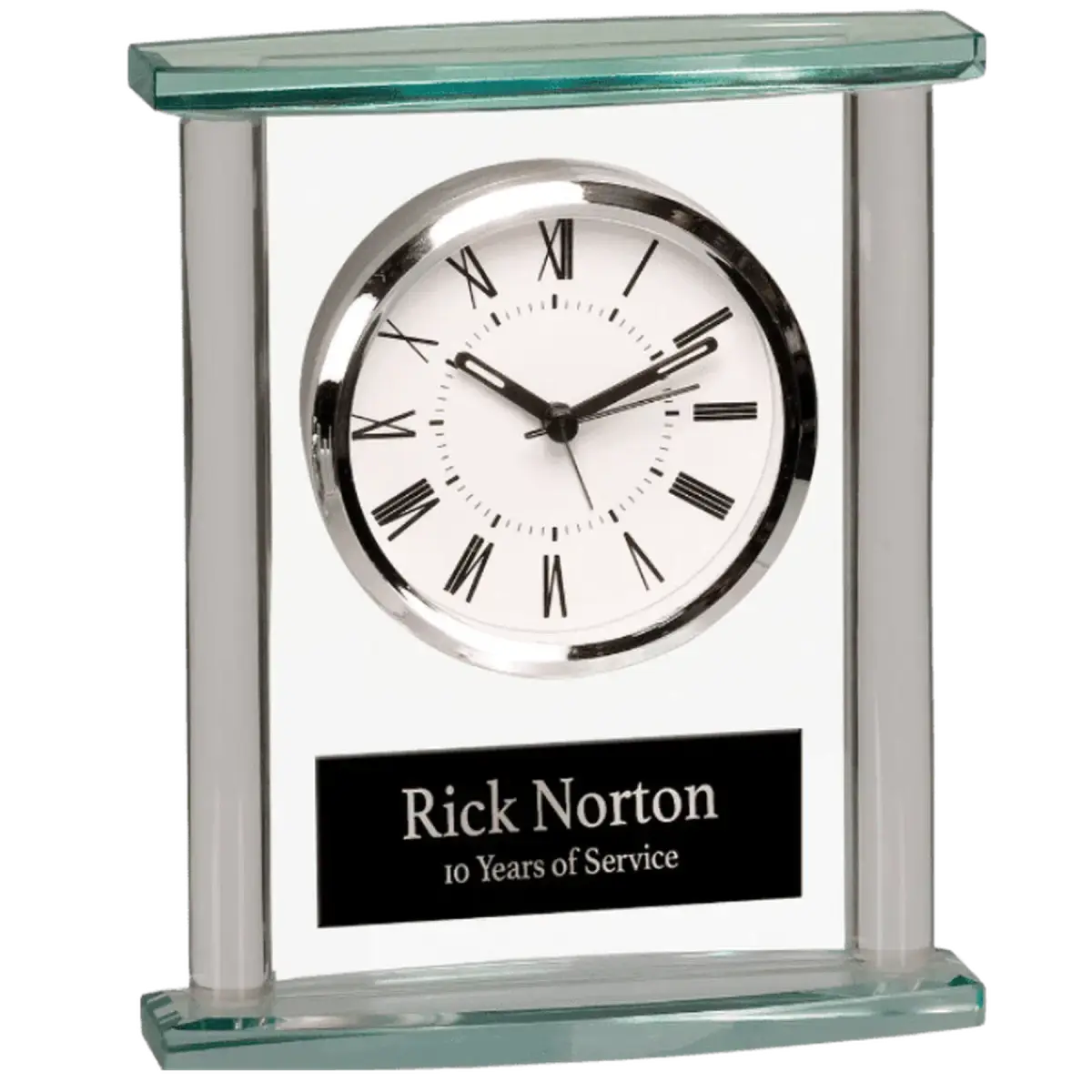 Contemporary Glass Desk Clocks – Personalized Gifts, Awards & Decor Beveled Glass with Silver Hardware / Engraving Plate Included / 6 1/8" x 6"