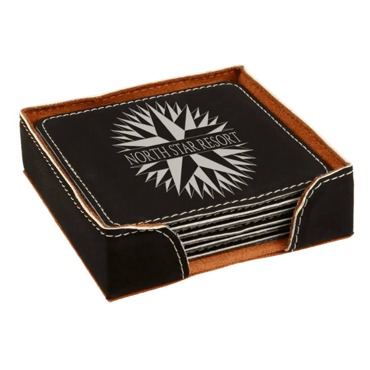 Personalized Leatherette Coaster Sets & Bottle Openers 6 Coaster Set - Square / Black/Silver / Leatherette